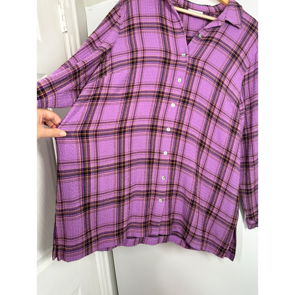 J Jill Purple Plaid Long Sleeve Collared Button Down Tunic Shirt Sz L Top Blouse - Picture 4 of 9
